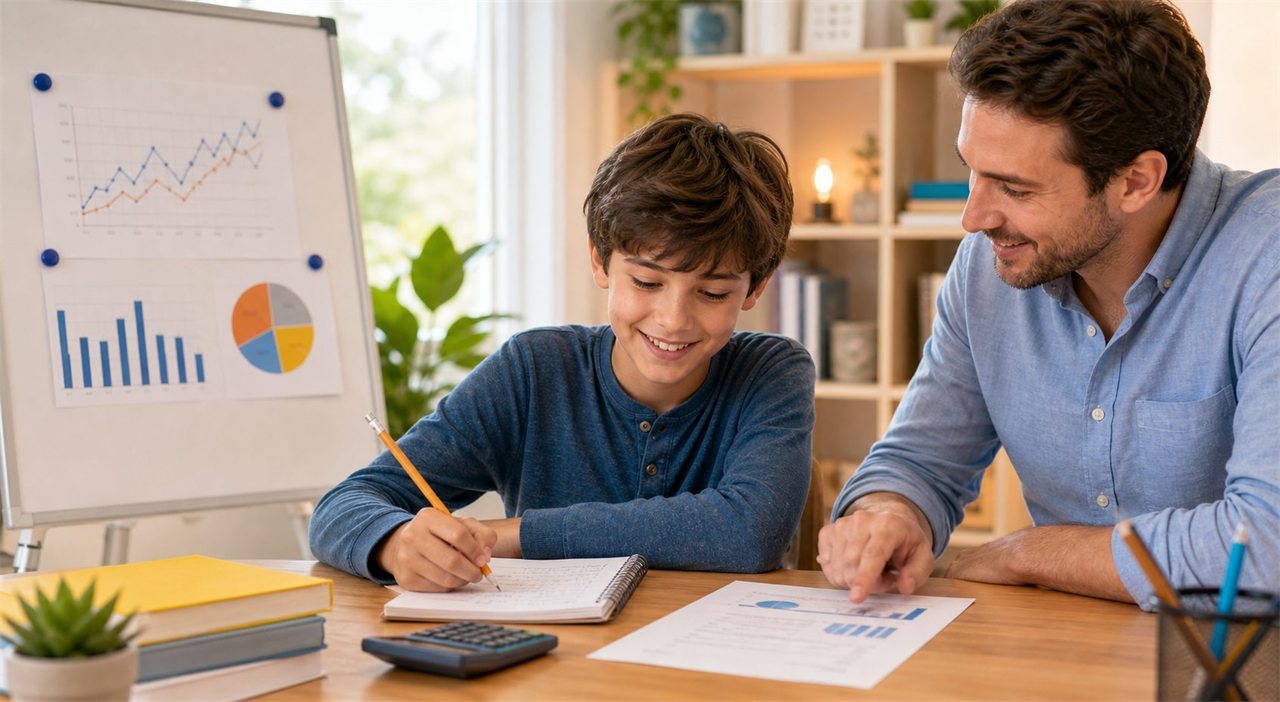 Student learning financial literacy with an educator, notebook, calculator, and classroom charts